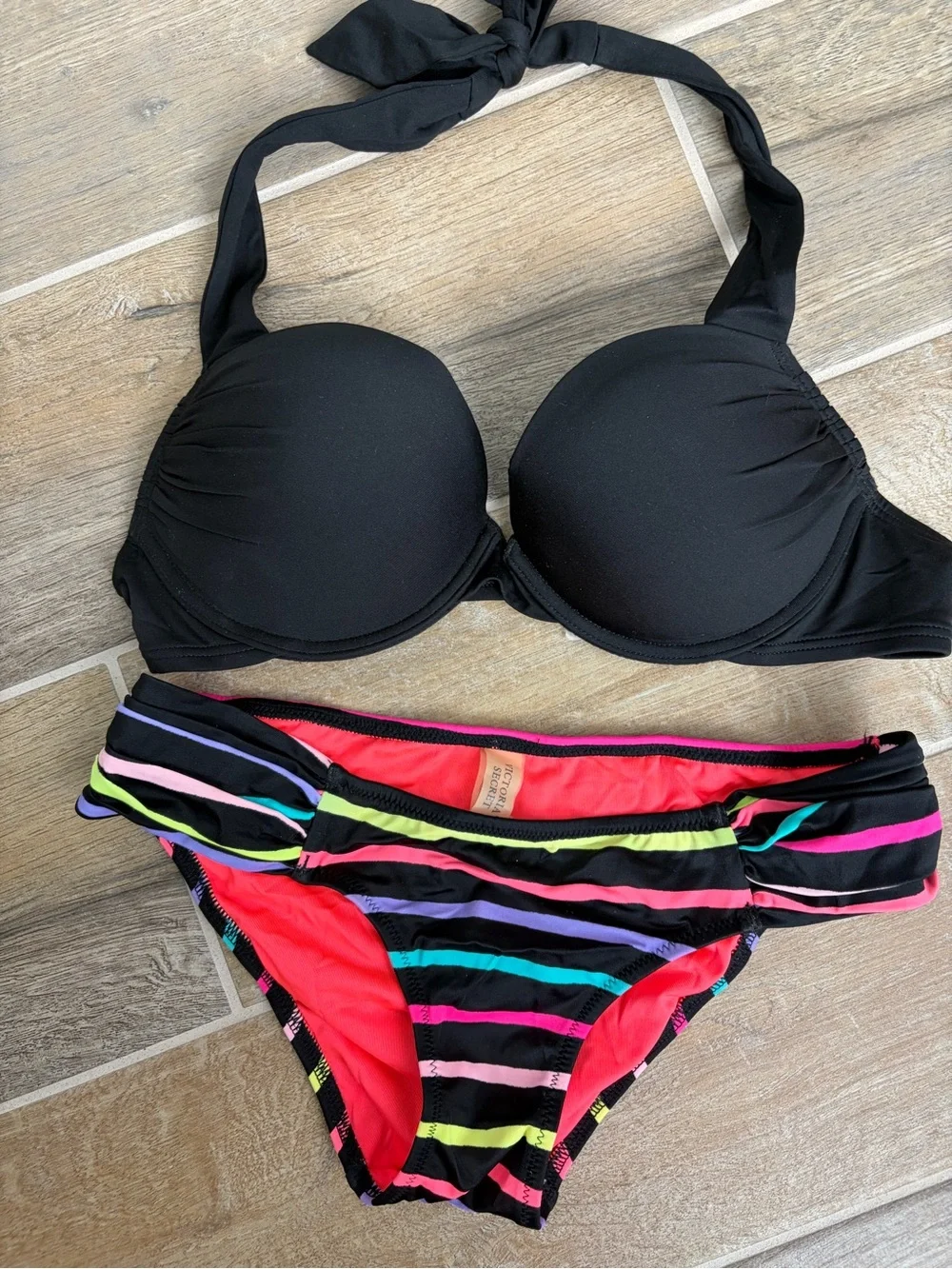 Victoria's Secret Black Bikini Top with 2 Black & Neon-Striped Bottoms